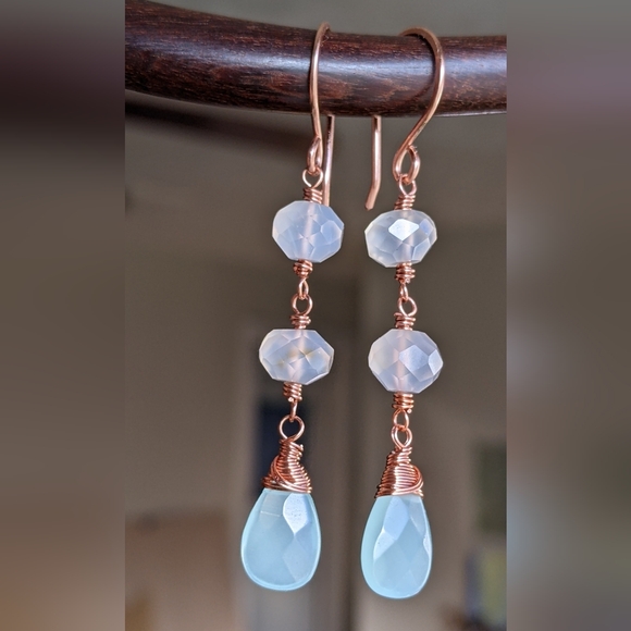 Artisan Chalcedony Earrings Copper Wire Wrapped Gemstone Jewelry - Picture 10 of 16